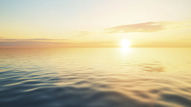 Vast tranquil ocean at sunrise with golden light reflecting on calm water surface, creating peaceful and serene atmosphere under soft sky