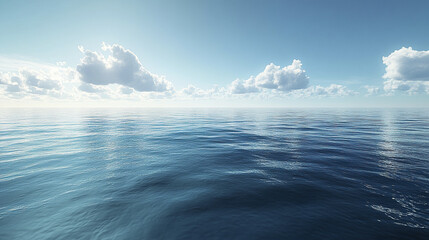 Fototapeta premium Vast tranquil ocean stretches to horizon under bright blue sky with scattered fluffy clouds, creating peaceful and serene seascape full of calm water reflections