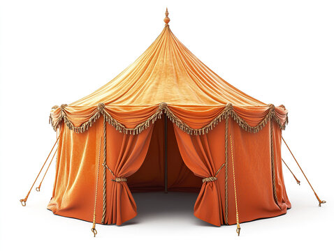 Vibrant orange dome tent with sturdy poles and taut fabric, featuring decorative tassels and open entrance, perfect for outdoor events or camping with classic style