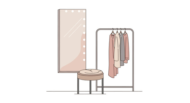 Minimalist dressing room with clothes rack mirror and stool. Vector Illustrations. EPS Editable