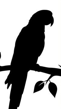 Silhouette of a Parrot Perched on a Branch with Leaves
