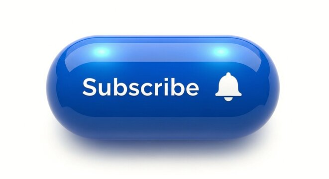 A blue subscribe button with a white bell icon on a plain white background