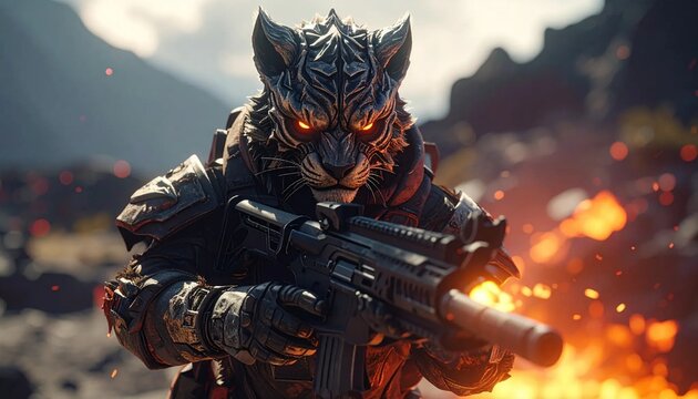 Tiger Warrior in Combat - A Fierce Protector in a War Zone.