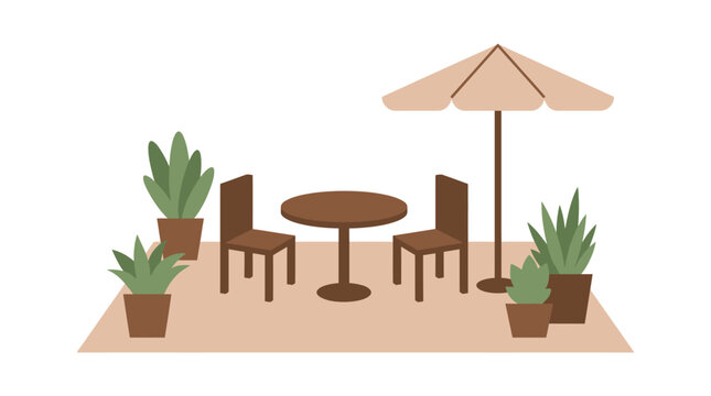 Outdoor patio furniture with umbrella plants. Vector Illustrations. EPS Editable