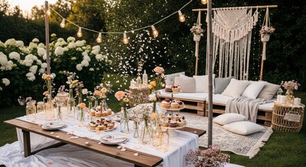 Fototapeta premium A beautifully decorated outdoor garden party setting with a wooden table, couch, and string lights, adorned with flowers and desserts.