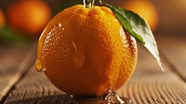 A ripe, juicy citrus fruit with a green leaf is glistening with liquid dripping down its textured peel onto a rustic wooden surface