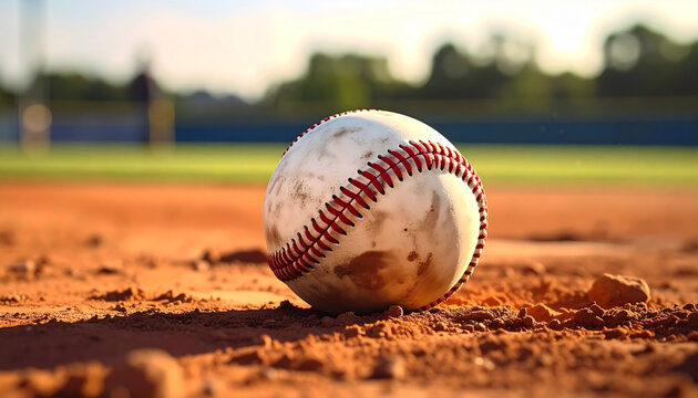 Baseball resting on red clay field