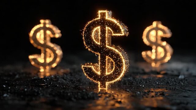 Fiery dollar signs illuminate in a captivating display of wealth and financial growth on a dark, textured surface with dynamic sparks and glowing particles.