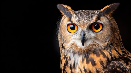 Close-up portrait of a majestic owl with striking yellow eyes against a dark background, showcasing its detailed feathers.