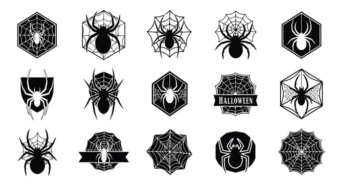 Black spider web and spider logos icons and symbols for halloween decoration and design