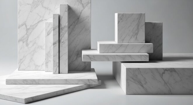 White marble podiums and blocks with geometric shapes, arranged in a minimalist setting.