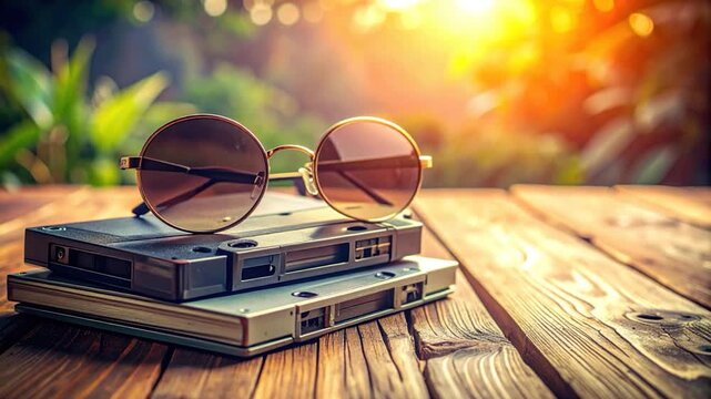 Sunglasses rest atop vintage audio cassettes on a sunlit wooden surface