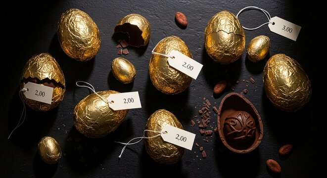 A collection of gold foil wrapped chocolate Easter eggs with price tags on a dark background