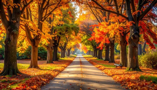 A serene autumnal pathway lined with vibrant trees and fallen leaves