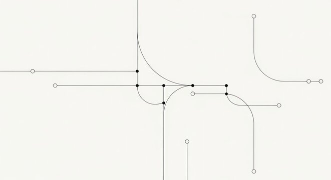 A complex network of interconnected lines and dots on a white background, with a central point of convergence and a series of branching lines leading off to the sides.