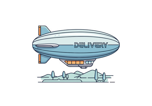 Blue delivery blimp flying over a green landscape with hills and trees
