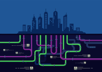 Fototapeta premium City skyline with an underground network of data pipes and moving information packets in a flat design illustration