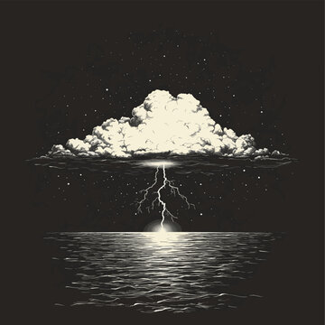 Storm Cloud with Lightning Bolt Over Ocean in Monochrome , vector style simple color