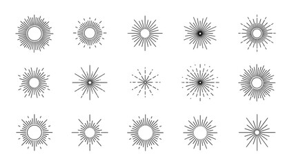 Obraz premium Sun rays icon set, shine burst line vector illustration collection