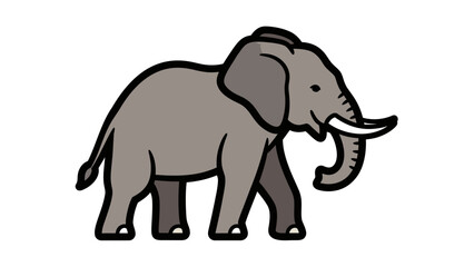 Fototapeta premium A gray cartoon elephant with a white tusk and black outline stands on a plain white background with a simple graphic design.