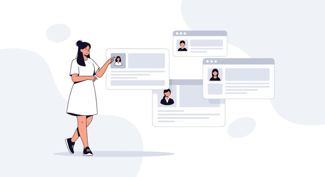 Woman Choosing Candidate Profile Cards for Recruitment and Hiring