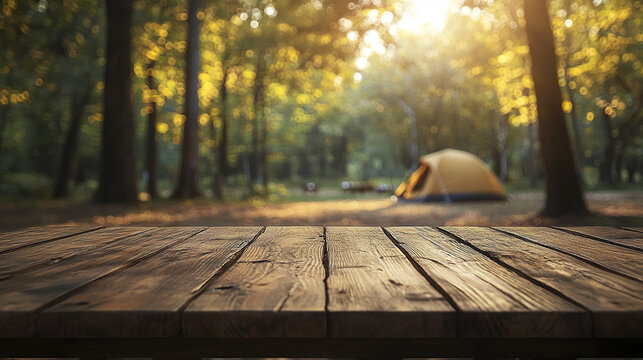 Wooden table surface in forest with blurred camping tent and sunlight shining through trees creating warm atmosphere