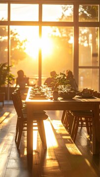 Golden Hour Dining - A Warm and Inviting Table Setting Bathed in Sunlight.