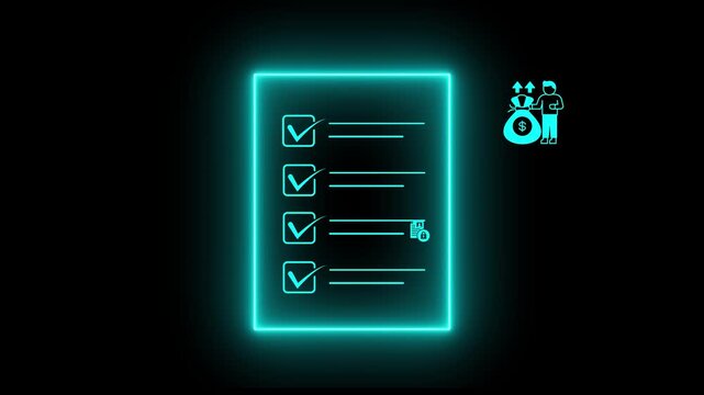  Digital business checklist with neon glowing effect including money bag and data protection icons. 