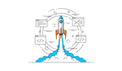 Minimal futuristic rocket launch vector with vibrant smoke clouds and abstract coding browser elements isolated on white © mdmasud