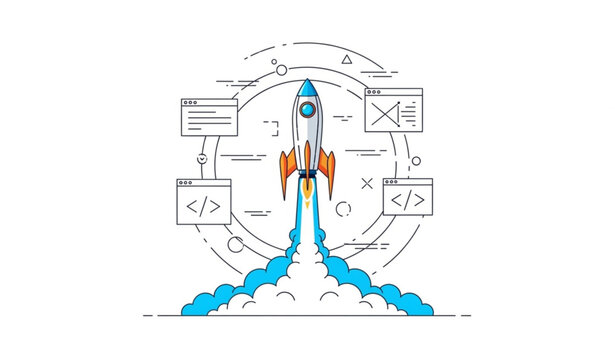 Minimal futuristic rocket launch vector with vibrant smoke clouds and abstract coding browser elements isolated on white