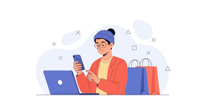 Person using smartphone with laptop and shopping bags, online shopping concept