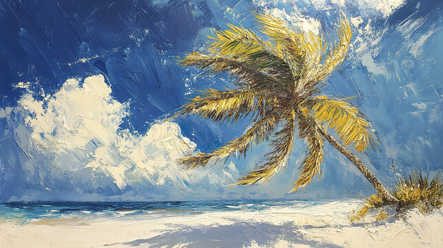 Tropical palm tree bending over white sandy beach under bright blue sky with fluffy clouds, painted with textured brushstrokes creating vibrant and lively atmosphere