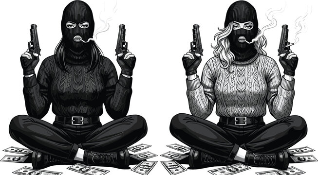 Masked outlaw characters with money stacks in noir style featuring dual figures, dramatic lighting, and edgy urban illustration for crime themed vector design