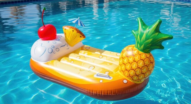 Inflatable pool float with a pineapple, cherry, and umbrella on a blue pool