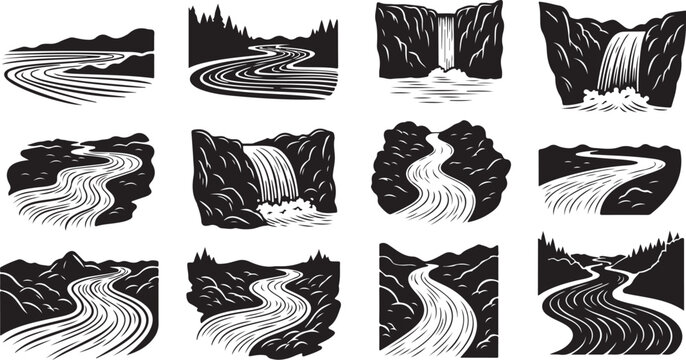 Black and white illustrations of waterfalls and winding rivers