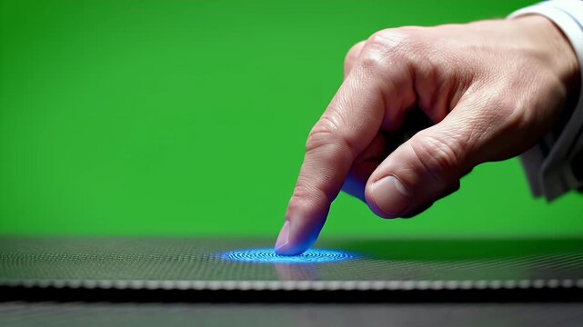Close up of a business man's hand touching a futuristic interface on a textured surface with green screen background