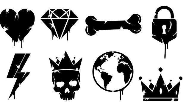 Urban stencil graffiti icon pack with skull crown lightning and street symbols vector isolated on white background