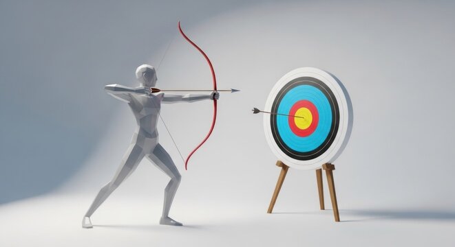 A 3D-rendered archer aiming a bow at a target with a red and yellow bullseye, set against a white background with a neutral gray floor.