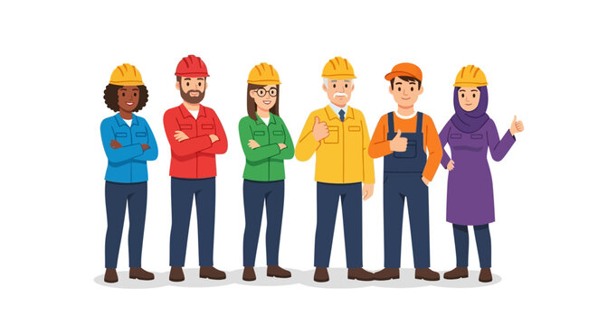 Diverse group of construction workers in hard hats, standing together and smiling, representing teamwork and unity in the industry