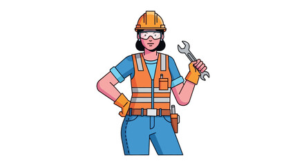 Fototapeta premium Confident and Skilled Female Construction Worker in Protective Gear Holding a Wrench, Ready for Industrial Tasks