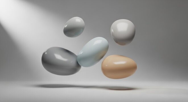 A group of five colorful, glossy, spherical objects floating in a neutral, light gray environment with soft shadows and highlights, creating a sense of depth and dimension.