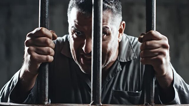 Close-up of a desperate man in prison uniform gripping cell bars with intense expression, dramatic lighting, dark concrete background, conveying