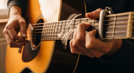 Obraz premium Captivating acoustic guitar playing with precision and passion close-up