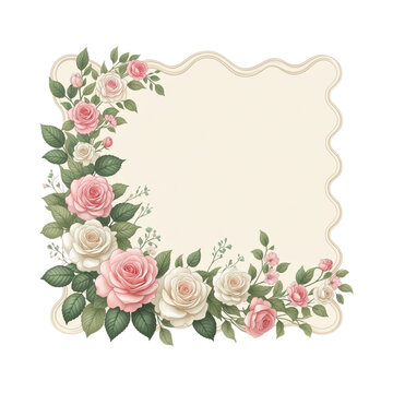 Elegant Pink and White Rose Frame on Cream Background.