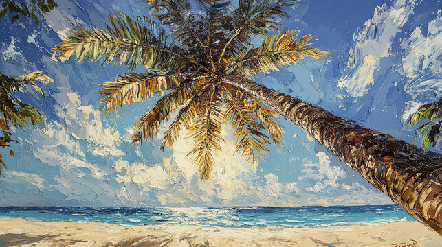 Sunlit palm tree bending over tropical beach with blue sky and ocean waves, creating peaceful and warm atmosphere in this vibrant landscape painting