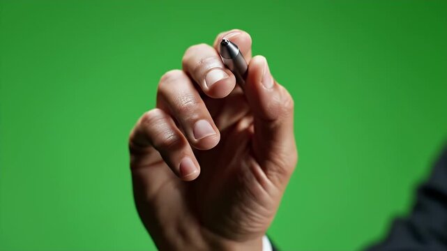 Close up of a hand holding a stylus over a vibrant green screen background ready for digital annotation or creative work