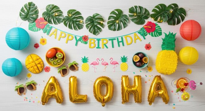 A colorful Hawaiian-themed birthday party setup with tropical leaves, balloons, and fruit decorations on a white wooden table.