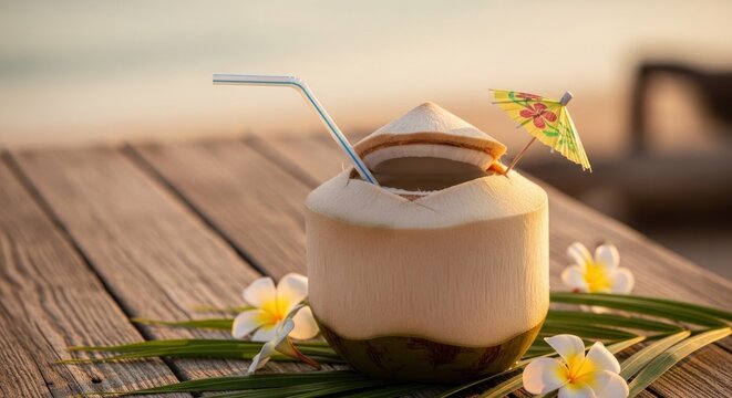 A coconut drink with a straw and a parasol on a wooden table with flowers and leaves in the foreground, a beach in the background, and a sunset sky.