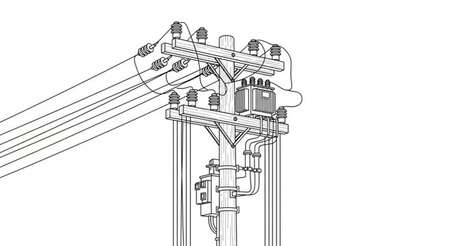 Detailed Line Art of a Utility Pole with Power Lines.