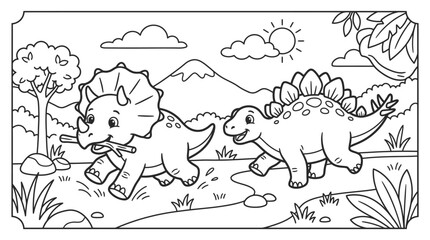 Two friendly triceratops dinosaurs walking. © Payu